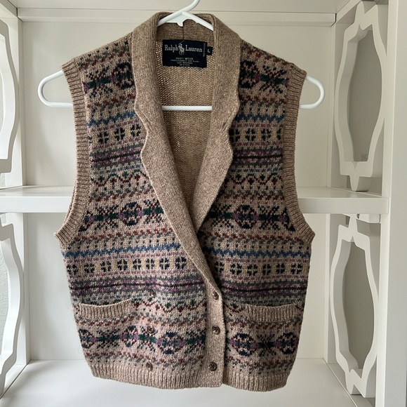 Vintage Ralph Lauren Fair Isle Collared Wool Sweater Vest 80's Women's Size L - Picture 1 of 14